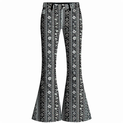 Retro 70s Striped Floral High Waist Wide Flared Trousers