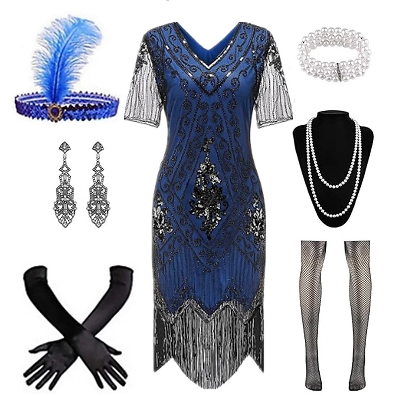 Art Deco Beaded Fringe Flapper Dress with Accessories Set