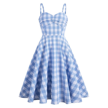 Women's 1950s Gingham Plaid Spaghetti Strap Sweetheart Swing Dress