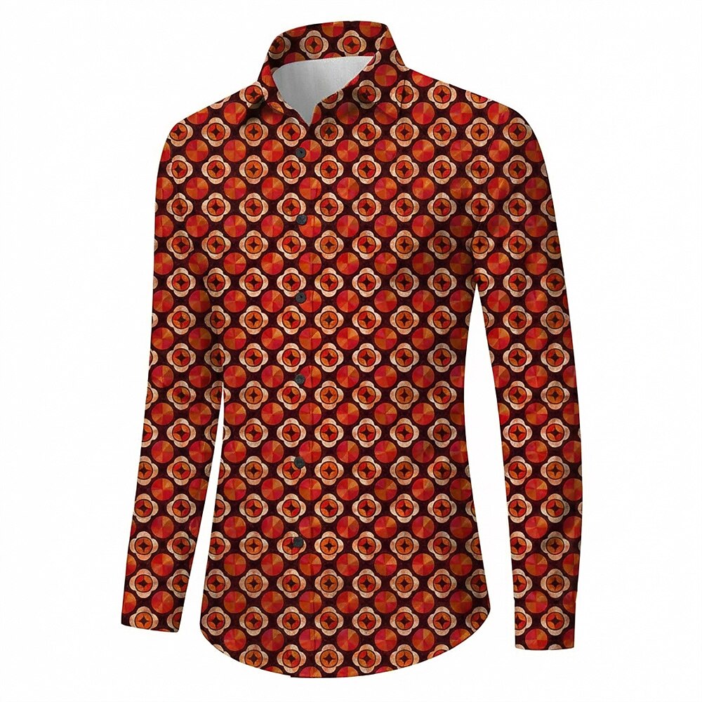Retro 70S Vintage Geometric Circle Motif Long Sleeves Collar Shirt