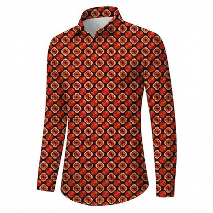Retro 70S Vintage Geometric Circle Motif Long Sleeves Collar Shirt