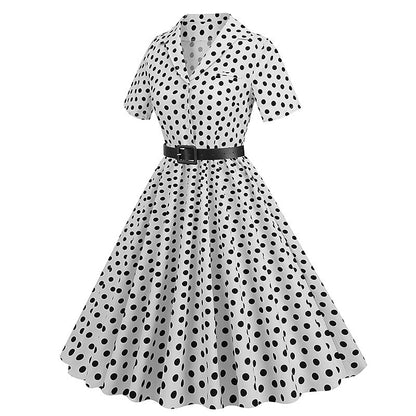 Women's 1950s Polka Dot Lapel Collar Swing Shirt Dress
