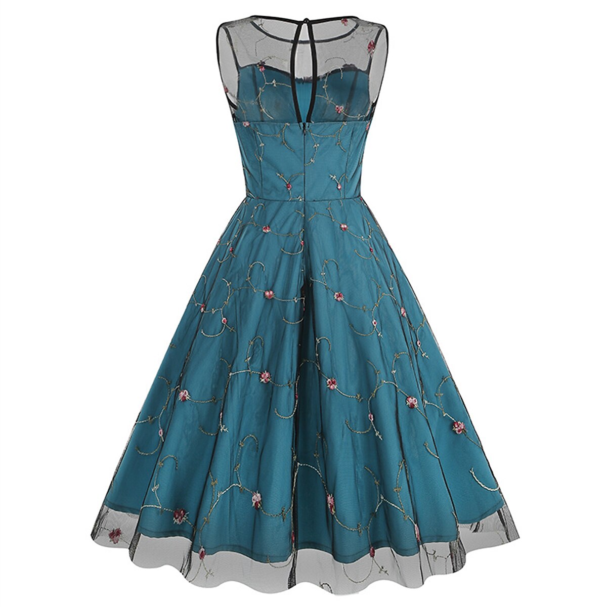 Embroidered Floral Tulle Midi Dress