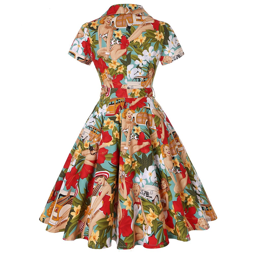 Women's 1950s Tropical Pin-up Print Lapel Collar Swing Dress