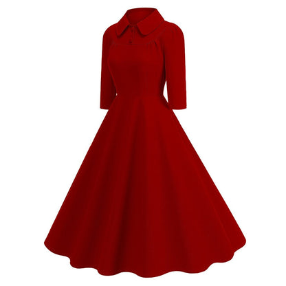 Women's 1950s Solid Color Peter Pan Collar Long Sleeve Flare Dress