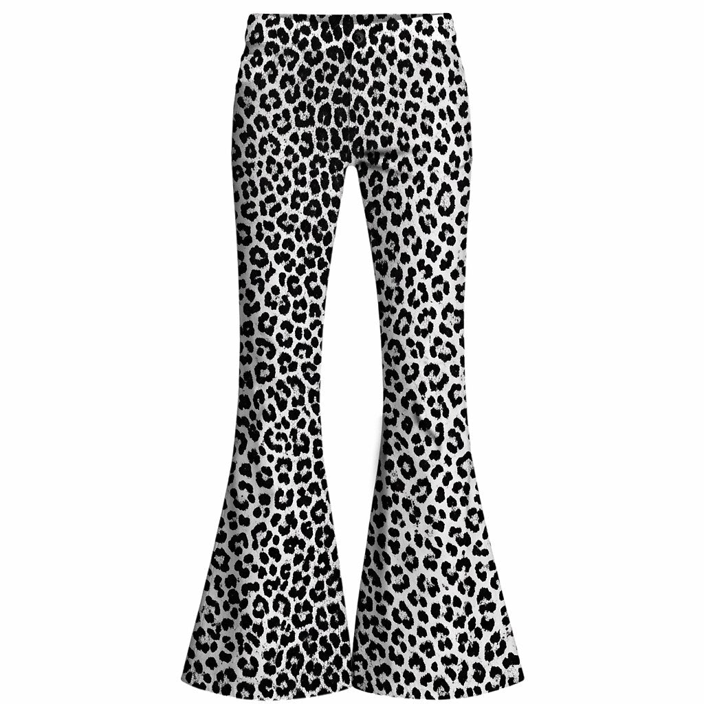 Retro 70s Boho Leopard High Waist Wide Flared Trousers in Gray