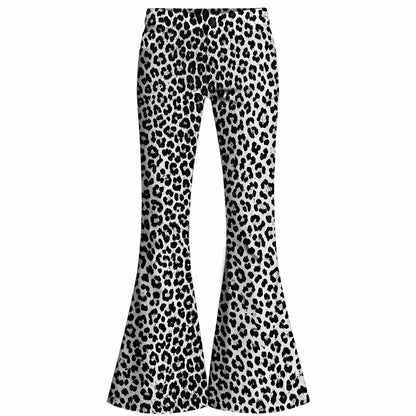 Retro 70s Boho Leopard High Waist Wide Flared Trousers in Gray