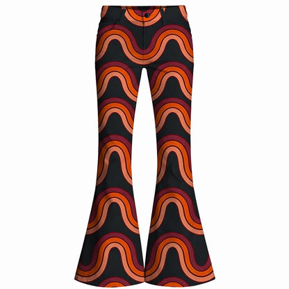 Retro 70s Wavy Orange-Red High Waist Wide Flared Trousers