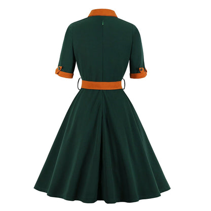 Women's 1950s Contrast Color Block Lapel Collar Belted A-Line Dress