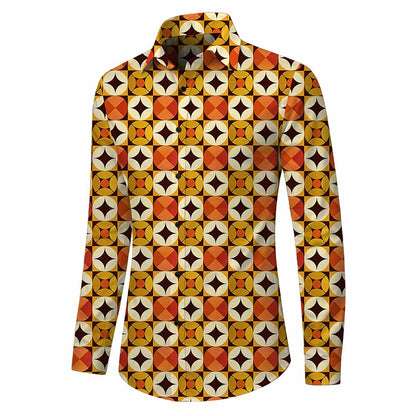 Retro 70S Vintage Geometric Circle Star Pattern Long Sleeves Collar Shirt
