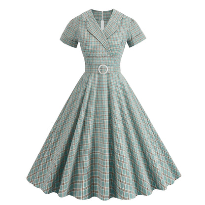 Women's 1950s Plaid Checkered Lapel Collar Swing Dress