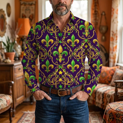 Retro 70S Fleur-de-lis Pattern Long Sleeves Collar Shirt