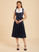 Navy Blue Midi Dirndl Dress with Satin Apron & Pockets