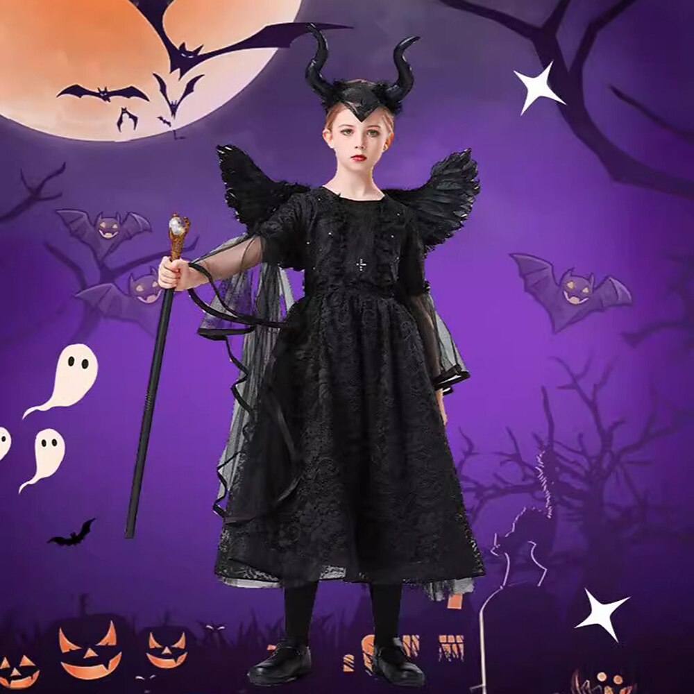 Girls Dark Fairy Witch Costume Black Lace Mesh Dress