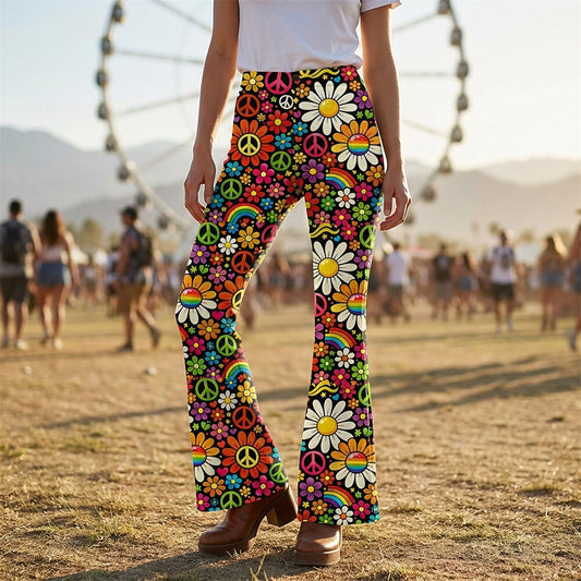 Retro 70s Peace Sign Floral Rainbow High Waist Wide Flared Trousers