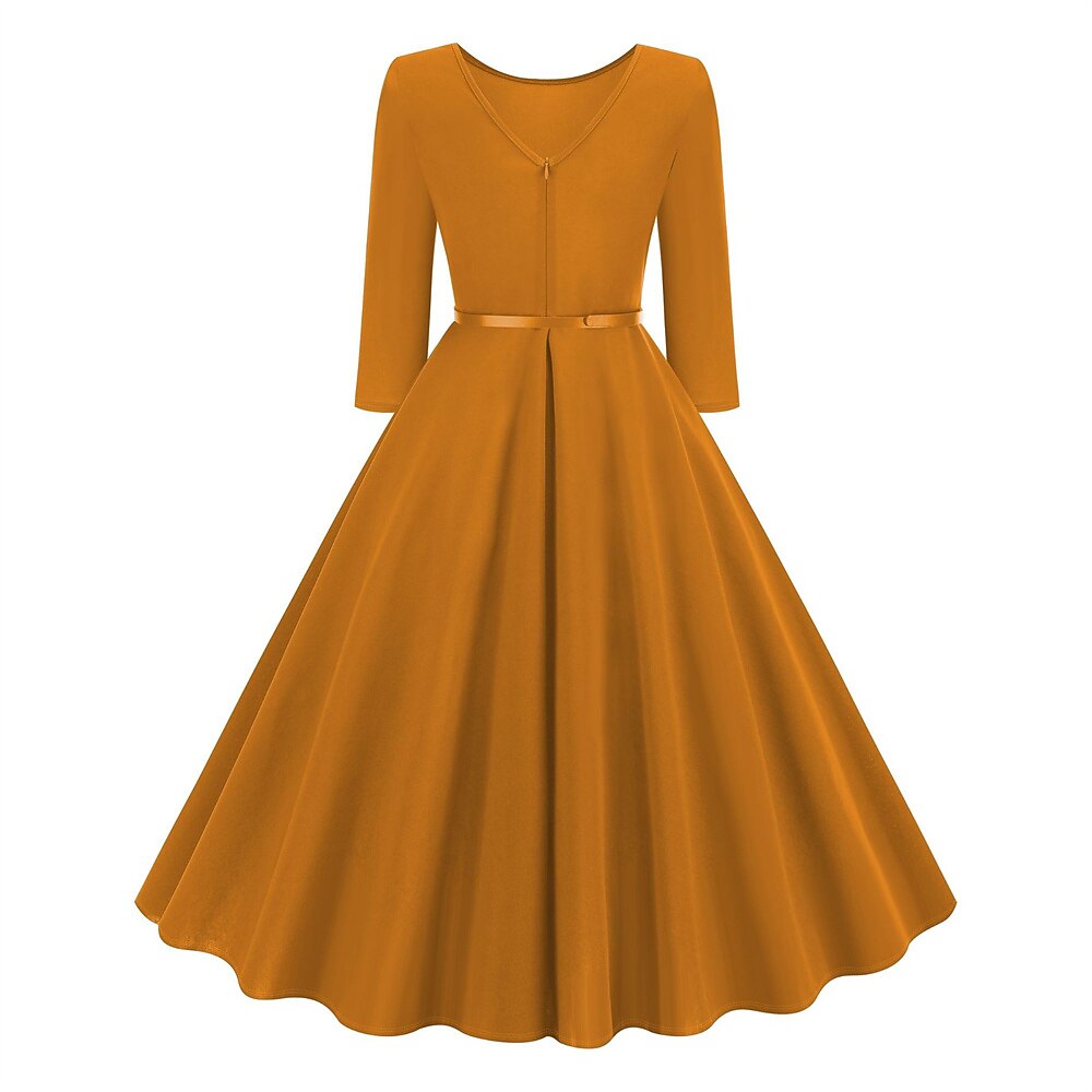 Women's 1950s Solid Color Round Neck 3/4 Sleeve Flare Dress