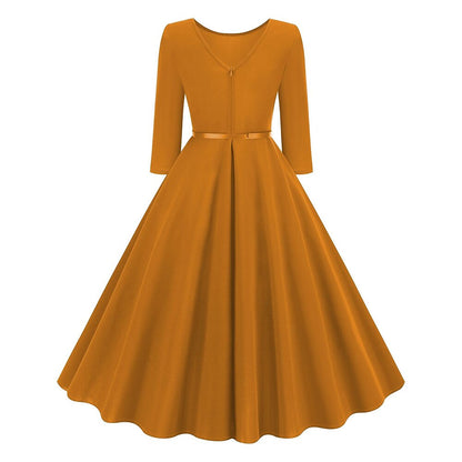 Women's 1950s Solid Color Round Neck 3/4 Sleeve Flare Dress