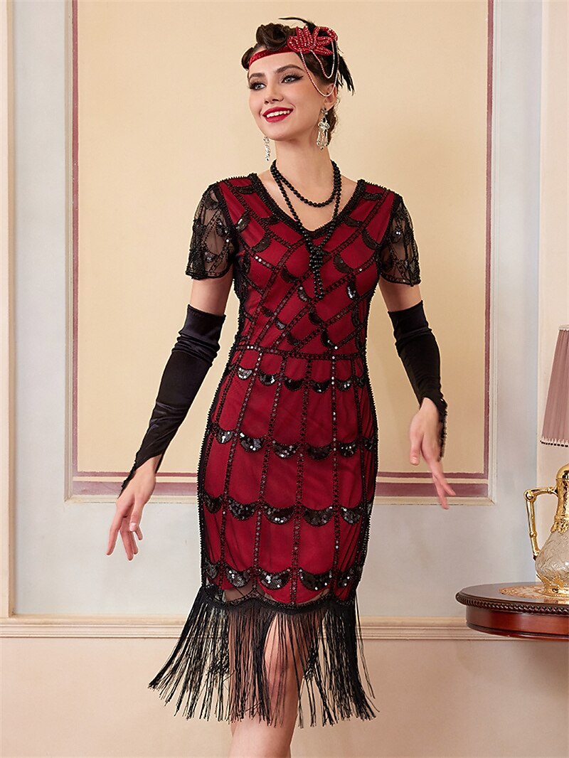 Red Sequin Pattern Flapper Dress