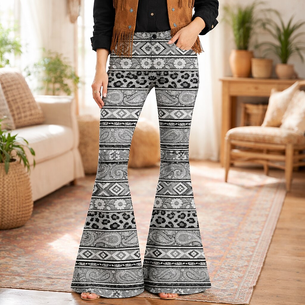 Retro 70s Bohemian Paisley High Waist Wide Flared Trousers