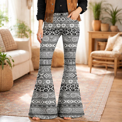 Retro 70s Bohemian Paisley High Waist Wide Flared Trousers