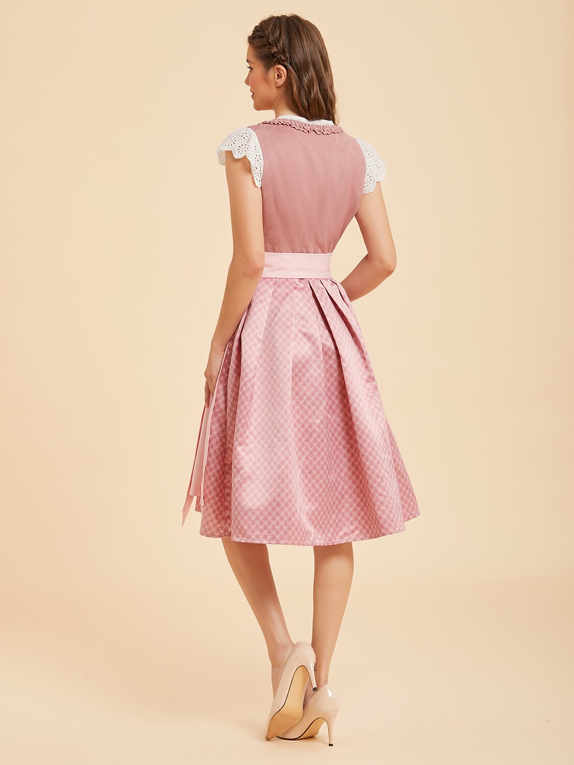 Women’s Oktoberfest Blush Pink Midi Dirndl Dress with Apron