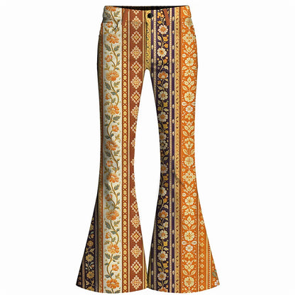 Retro 70s Floral Striped High Waist Wide Flared Trousers