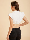 White V-Neck Dirndl Blouse with Lace Flutter Sleeves