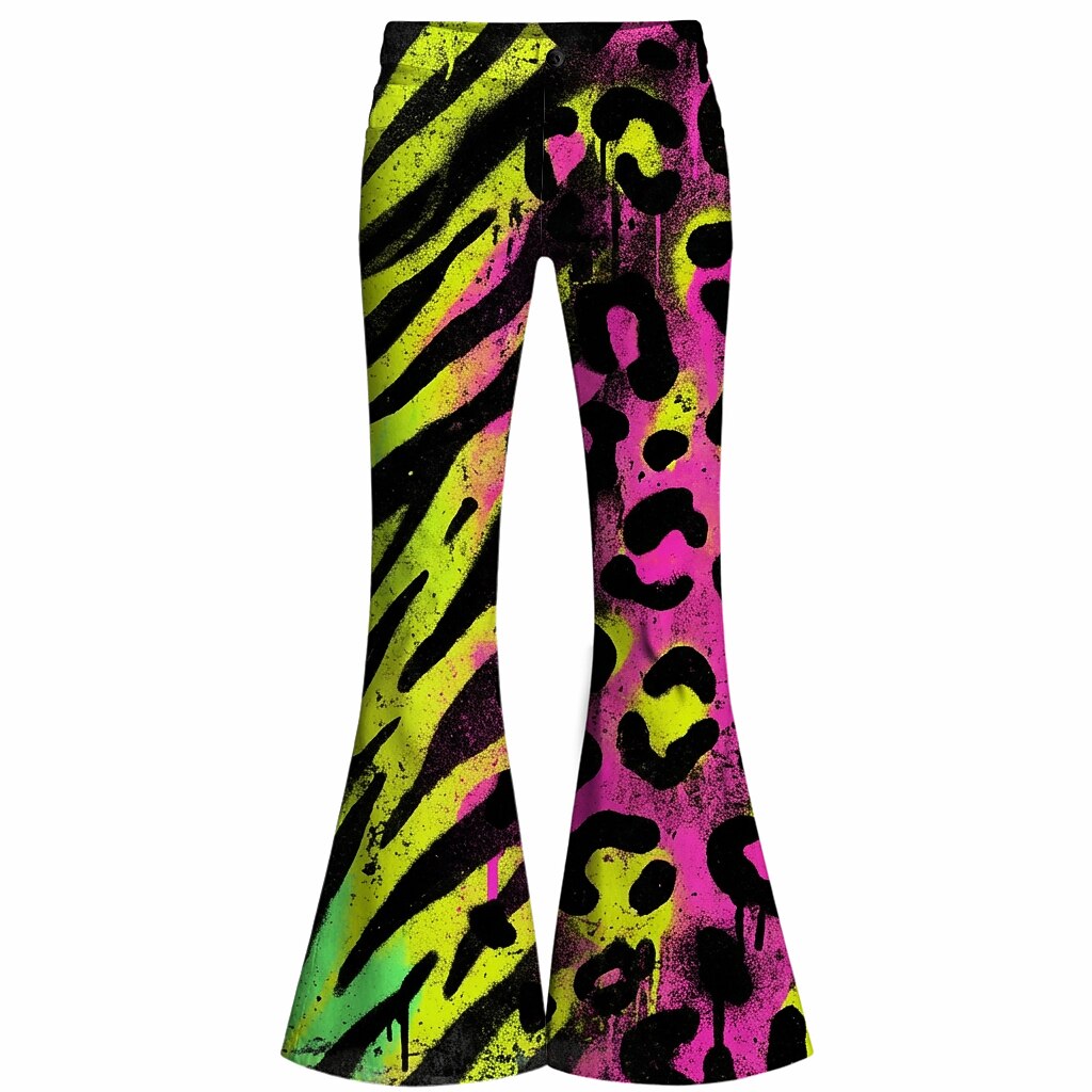 Retro 70s Acid Leopard High Waist Wide Flared Trousers