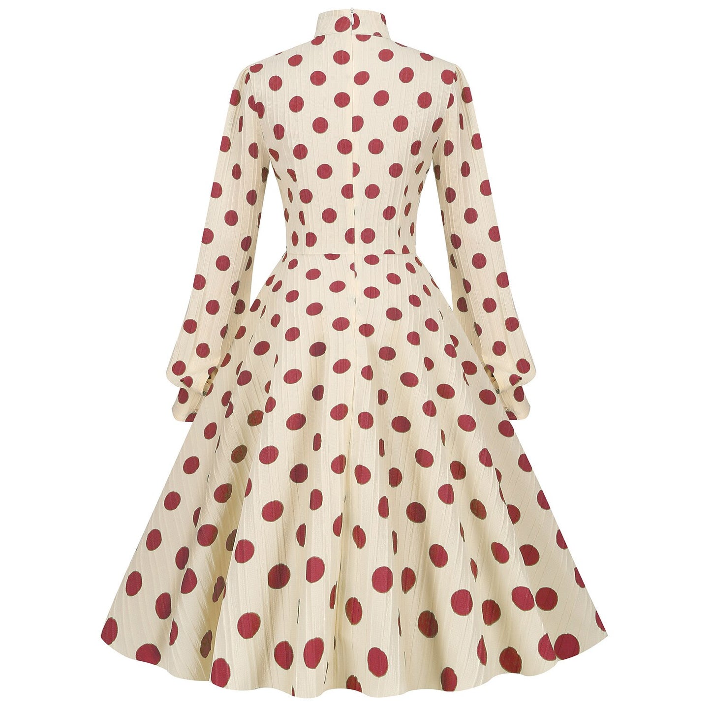 Women's 1950s Polka Dot Bow Tie Neck Long Sleeve Flare Dress