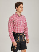 Men's Oktoberfest Lederhosen Costume with Pink Shirt, Hat & Knee Socks Set