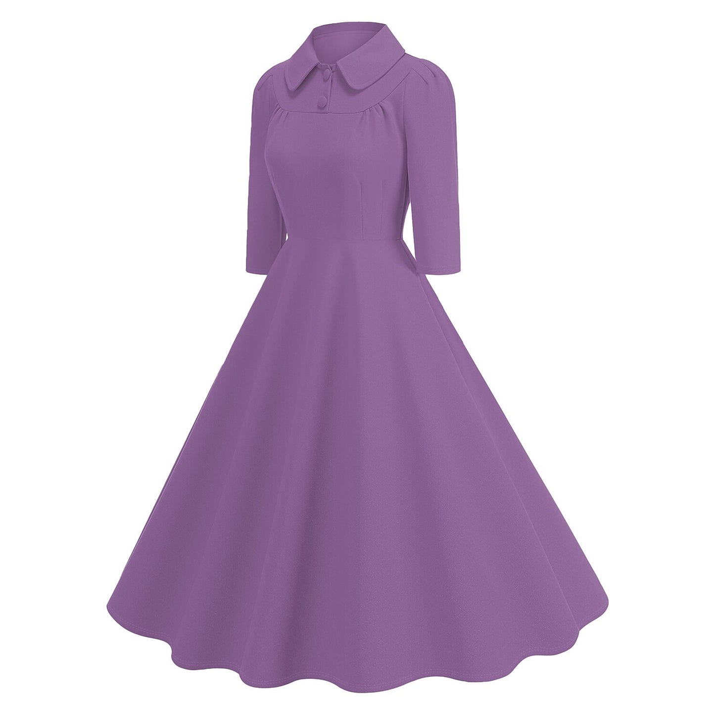 Women's 1950s Solid Color Peter Pan Collar Long Sleeve Flare Dress