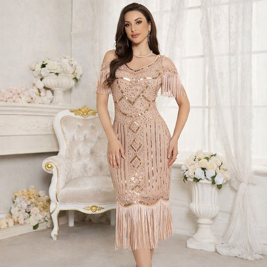 Cold Shoulder Sequin Flapper Dress with Geometric Pattern
