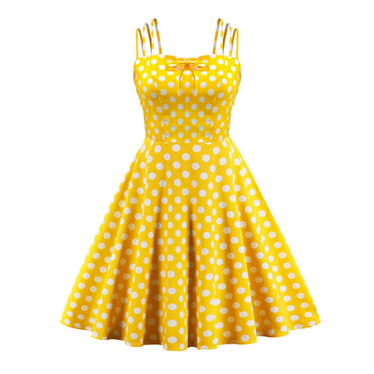 Women's 1950s Polka Dot Spaghetti Strap Bow A-Line Rockabilly Dress