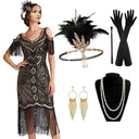 Vestido flapper con ribete de flecos y lentejuelas con set de accesorios