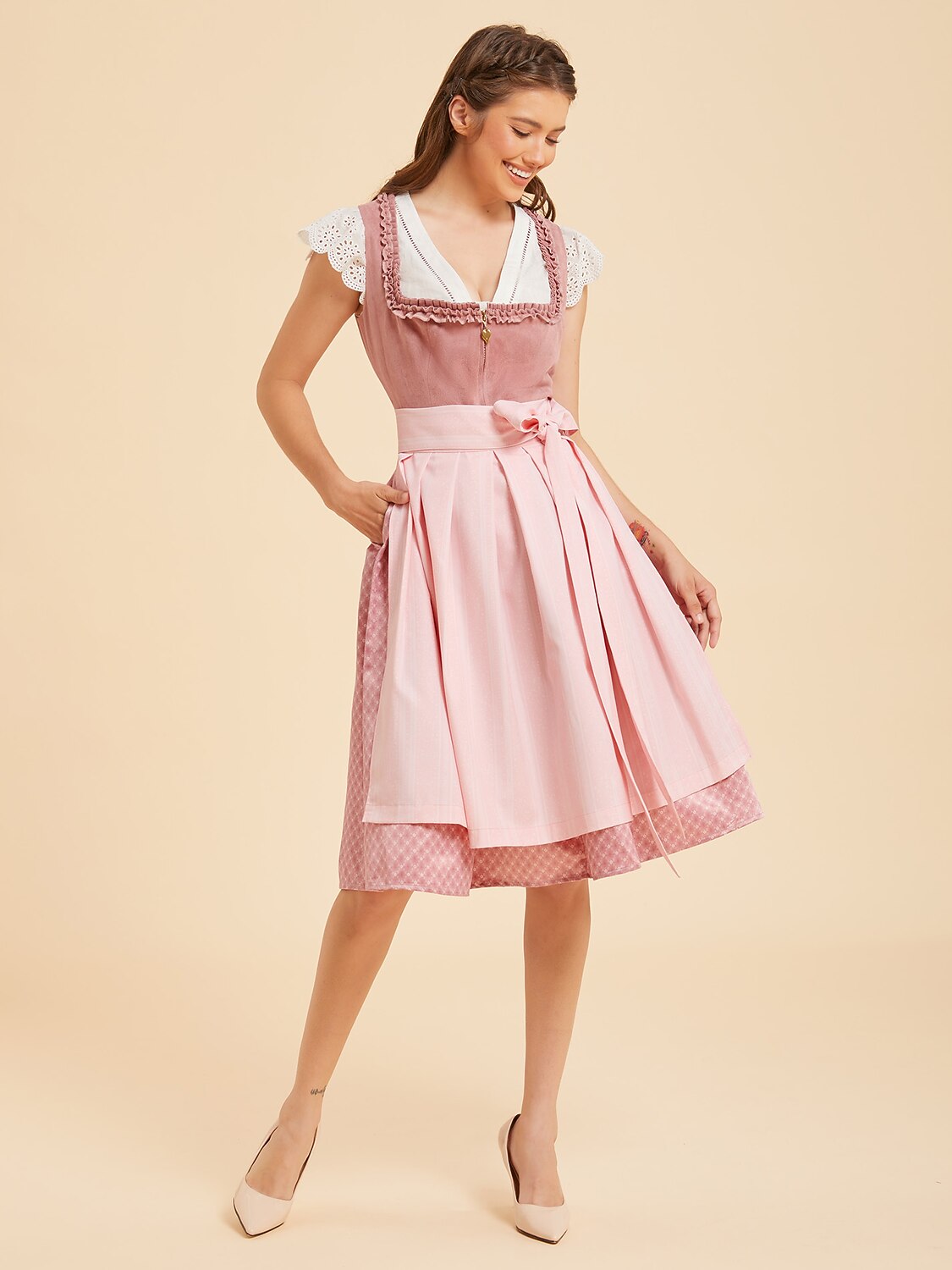 Women’s Oktoberfest Blush Pink Midi Dirndl Dress with Apron