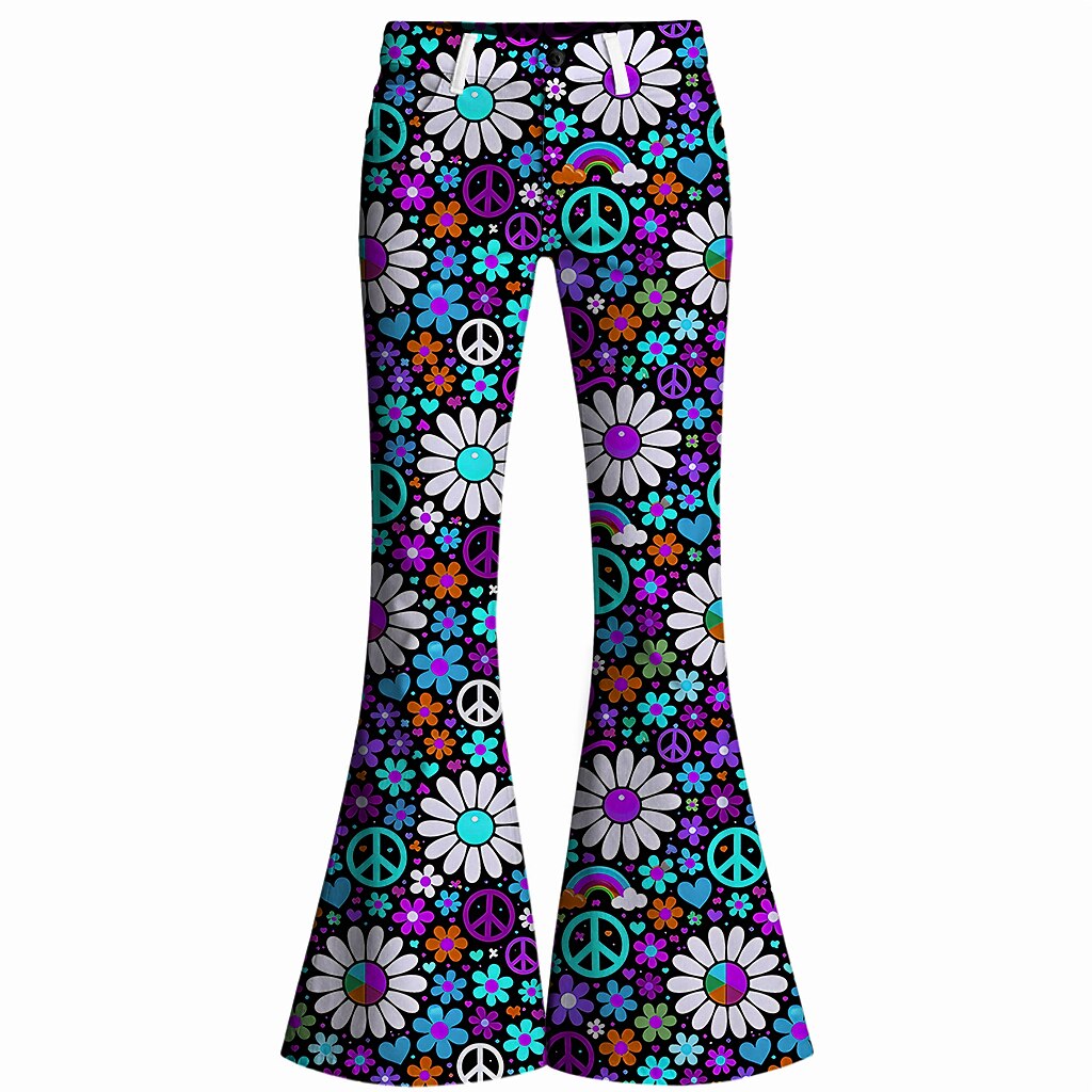 Retro 70s Peace Sign Floral High Waist Wide Flared Trousers