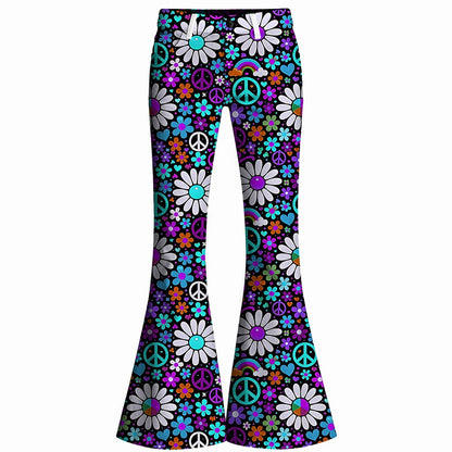 Retro 70s Peace Sign Floral High Waist Wide Flared Trousers