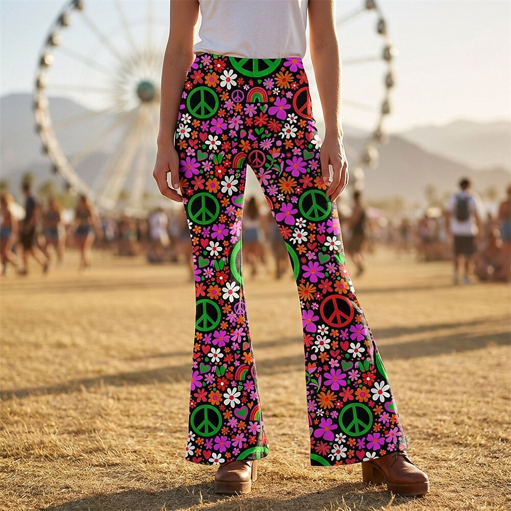 Retro 70s Peace Sign Floral Rainbow High Waist Wide Flared Trousers