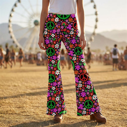 Retro 70s Peace Sign Floral Rainbow High Waist Wide Flared Trousers