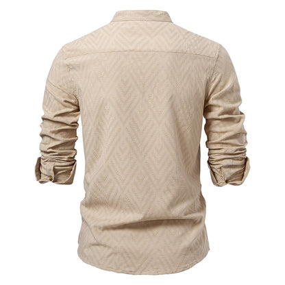 Medieval Style Textured Band Collar Tunic Shirt