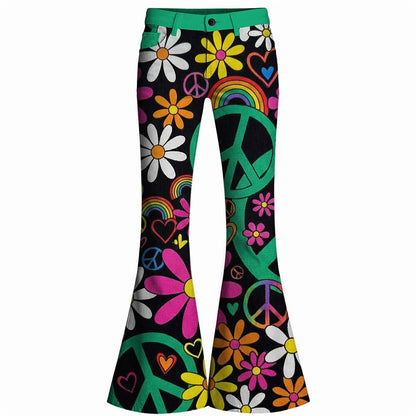 Retro 70s Peace Sign Floral Hearts Rainbow High Waist Wide Flared Trousers