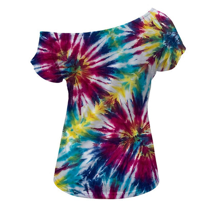 Retro 70s Tie-Dye Swirl One Shoulder Short Sleeves T-shirt