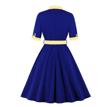 Women's 1950s Contrast Color Block Lapel Collar Belted A-Line Dress