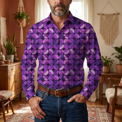 Retro 70S Geometric Citrus Slice Pattern Long Sleeves Collar Shirt