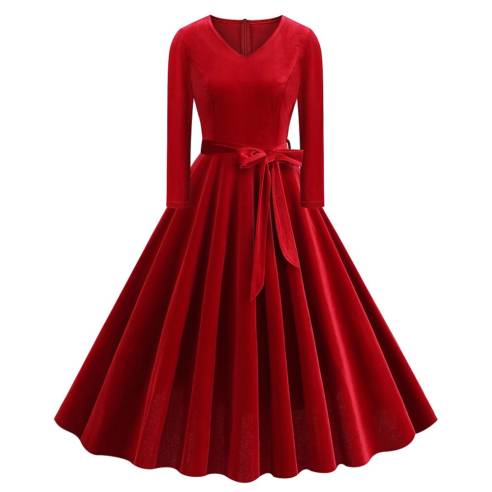Women's 1950s Velvet V-Neck Long Sleeve Swing Dress