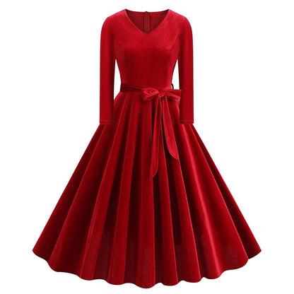 Women's 1950s Velvet V-Neck Long Sleeve Swing Dress