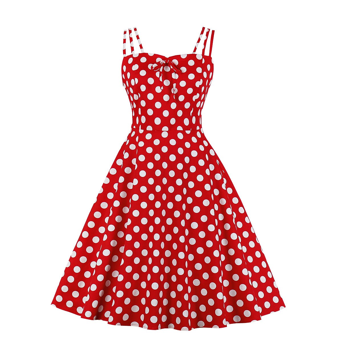 Women's 1950s Polka Dot Spaghetti Strap Bow A-Line Rockabilly Dress