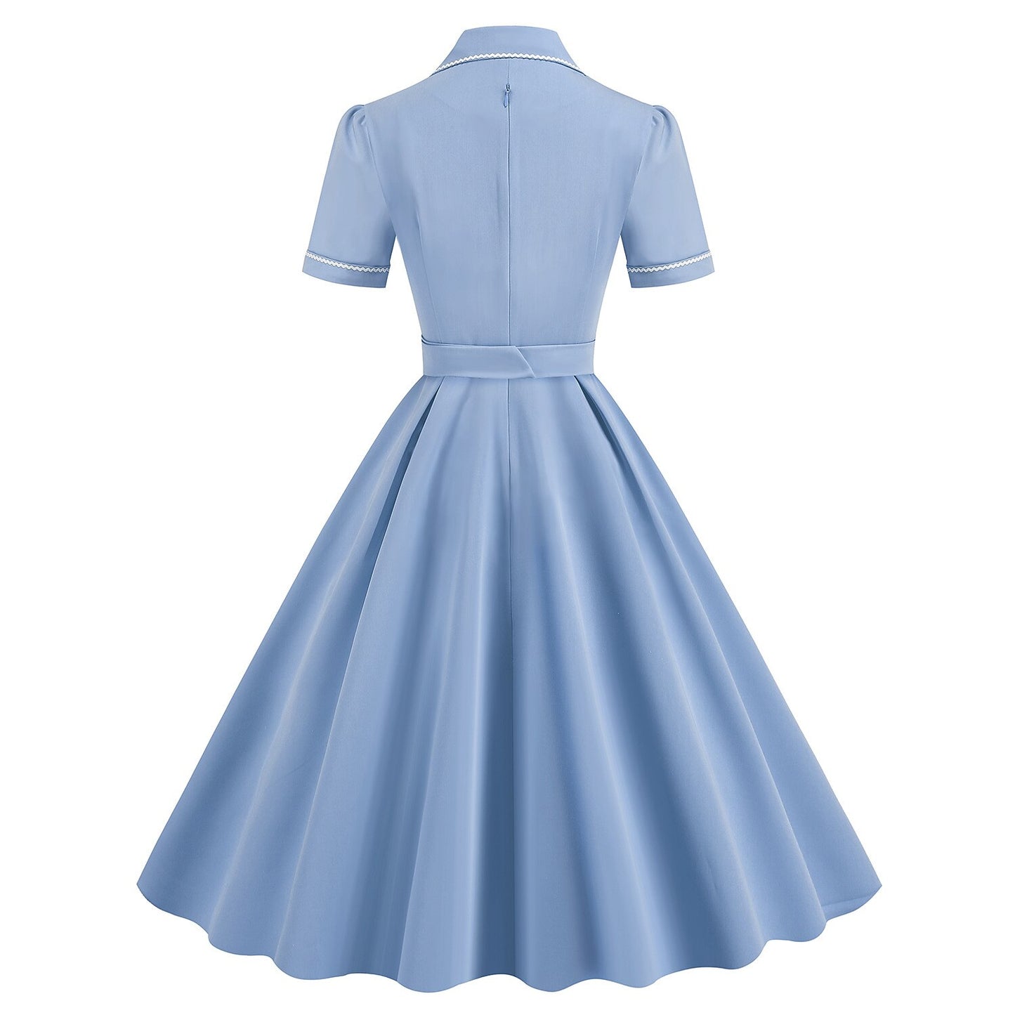 Women's 1950s Solid Blue Lapel Collar Short Sleeve Swing Dress