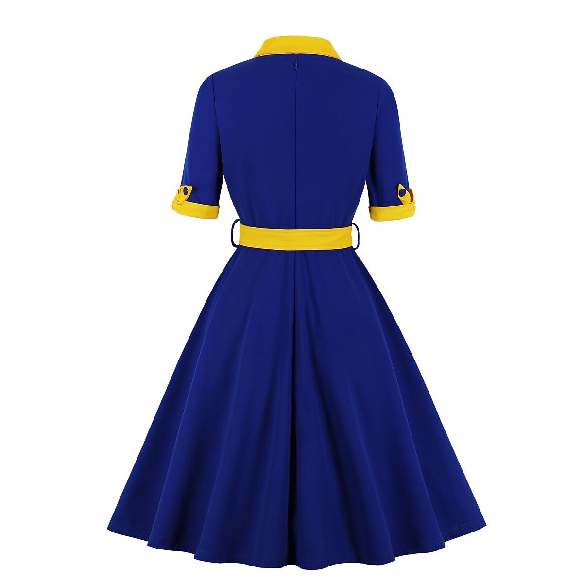 Women's 1950s Contrast Color Block Lapel Collar Belted A-Line Dress