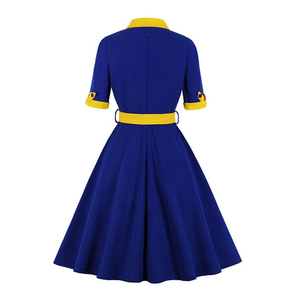 Women's 1950s Contrast Color Block Lapel Collar Belted A-Line Dress